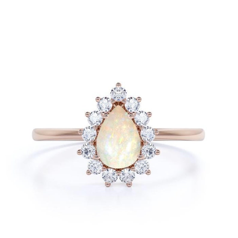 Elegant Vintage Pear Shaped Opal and CZ Diamond Halo Engagement Ring Wedding Engagement Ring Bridal Anniversary Gift for Women Ring for her