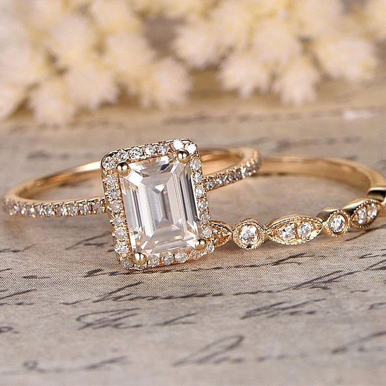 Emerald Cut Moissanite Engagement Wedding Ring Diamond Halo | Etsy