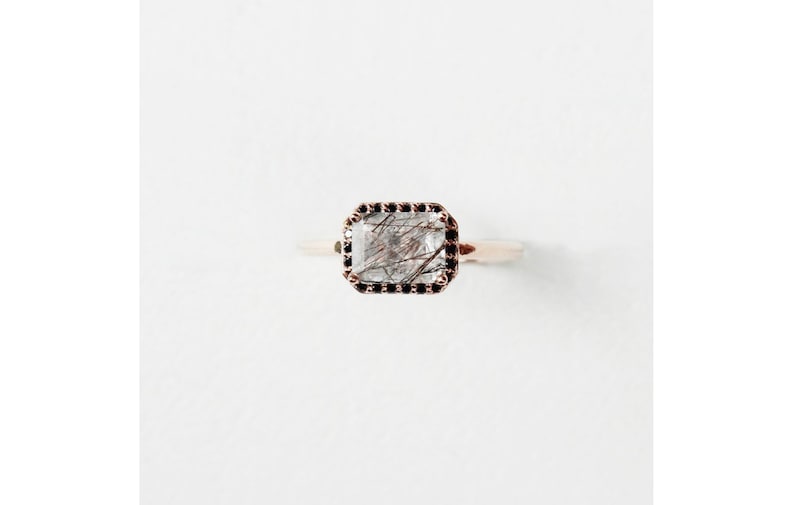 Emerald Shaped Black Tourmalated Quartz Black Rutilated Quartz Ring Tourmalinated Quartz Ring Emerald Cut Rutilated Quartz Engagement Ring