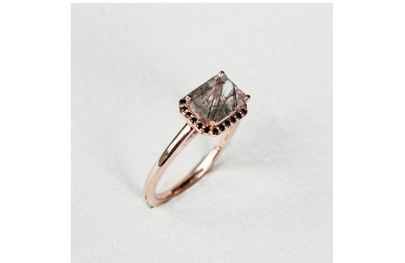 Emerald Shaped Black Tourmalated Quartz Black Rutilated Quartz Ring Tourmalinated Quartz Ring Emerald Cut Rutilated Quartz Engagement Ring