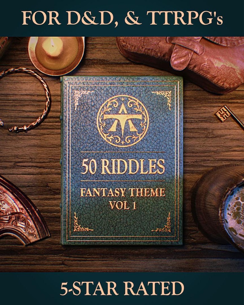 K&ouml;nnte beinhalten: Ein Fantasy-Buch mit dem Titel "50 Riddles" mit blau-gr&uuml;nem Einband, goldenen Akzenten und dem Text "Fantasy Theme Vol 1". Das Bild zeigt eine brennende Kerze, einen Schl&uuml;ssel und andere Fantasy-bezogene Gegenst&auml;nde. Der Text "5-STAR RATED" ist ebenfalls sichtbar.