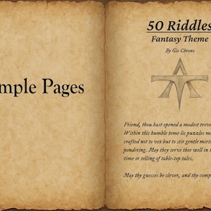 K&ouml;nnte beinhalten: Aufgeschlagenes Buch mit gealterter Papierstruktur. Die linke Seite zeigt "Sample Pages". Die rechte Seite zeigt "50 Riddles Fantasy Theme" und ein Symbol. Der Text darunter lautet: "Friend, thou hast opened a modest trove of riddles."