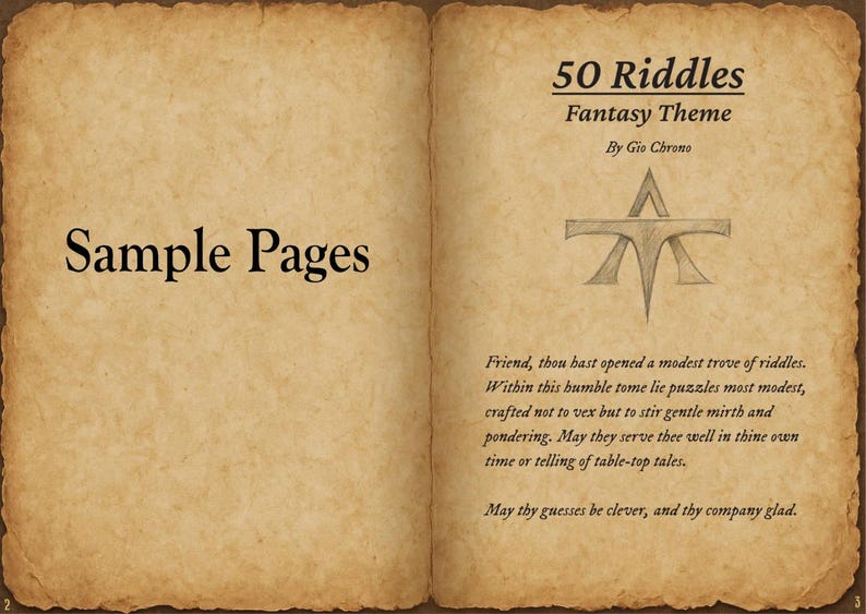 K&ouml;nnte beinhalten: Aufgeschlagenes Buch mit gealterter Papierstruktur. Die linke Seite zeigt "Sample Pages". Die rechte Seite zeigt "50 Riddles Fantasy Theme" und ein Symbol. Der Text darunter lautet: "Friend, thou hast opened a modest trove of riddles."