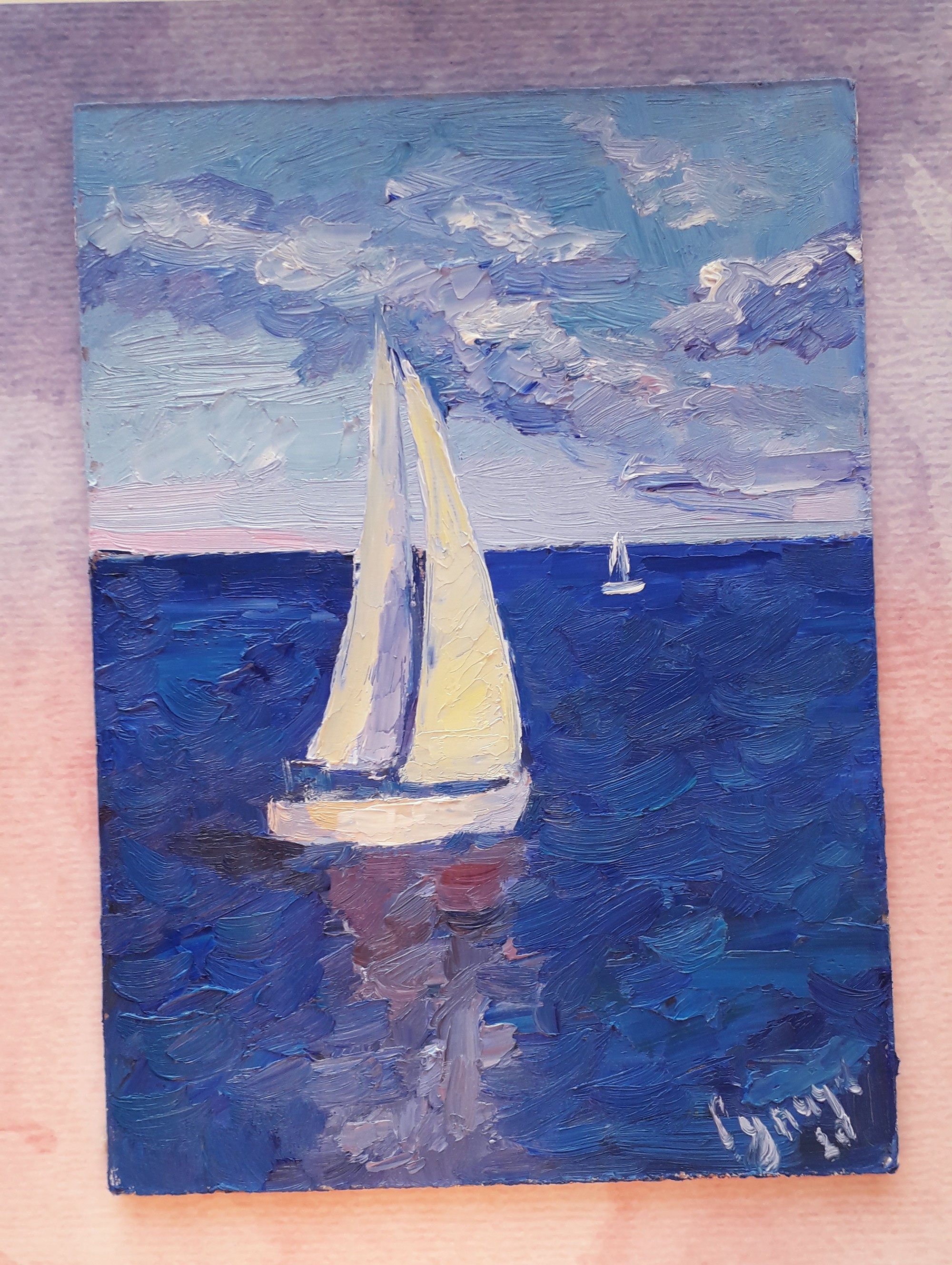 Seascape Painting Original Art Boats Art Small Painting Blue | Etsy