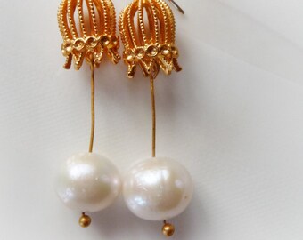 Gold Plated Bellflower Pearl Earrings, Bridal Wedding Jewelry