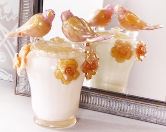 MURANO opaline trinket box, Gold leaf glass, pink and golden birds, Sugar an fudge colour