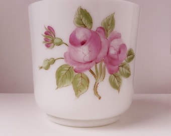 vintage WHITE opaline vase, milk glass planter or pot, Hand painted French roses