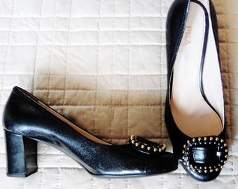 Vintage PRADA Black Leather Pumps, Pearl Buckle Detail, Made in Italy, Size 38.5