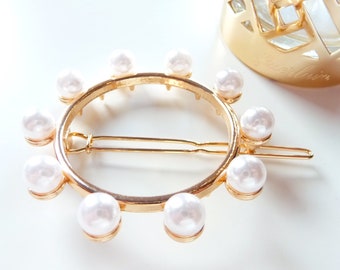 Pearl Hair Clip, Golden Metal Barrette, Bridal Wedding Hair Pin
