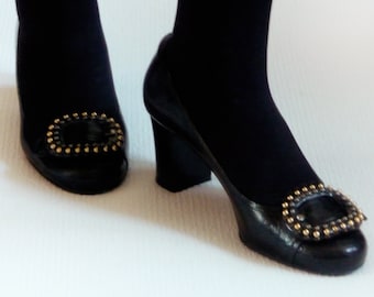 Vintage PRADA Black Leather Pumps, Pearl Buckle Detail, Made in Italy, Size 38.5