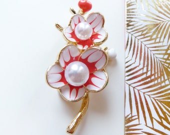Enamel Cherry Blossom Brooch, Golden Plum Flower, Pearl Accent