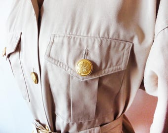 Vintage Cotton Safari Jacket, Military Style, Golden Buttons, Petite Fit, Made in ENGLAND