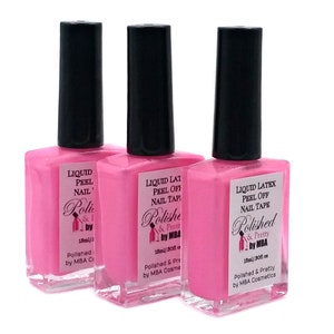 May include: Three bottles of pink liquid latex peel-off nail tape. Each bottle has a black cap and a label with the text "Liquid Latex Peel Off Nail Tape" and the brand name "Polished & Pretty by MBA Cosmetics". The bottles are 18ml / .50 fl oz.