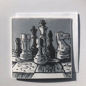 Biglietto di auguri per gli amanti degli scacchi, interno vuoto, stampa artistica su linoleum fatta a mano.
