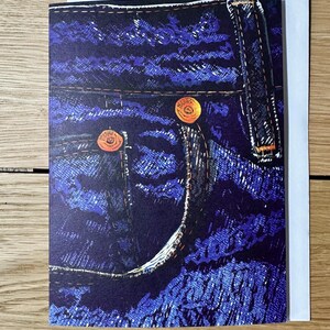 Carte de voeux vierge, jeans, rivetage' une reproduction numérique de mon impression originale en linogravure faite à la main