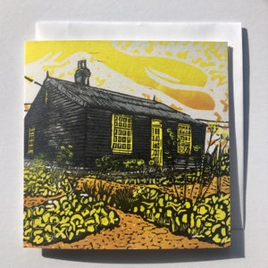 Lege wenskaart, Dungeness, Derek Jarman, 'The Rising Sun', van mijn originele linoprint.