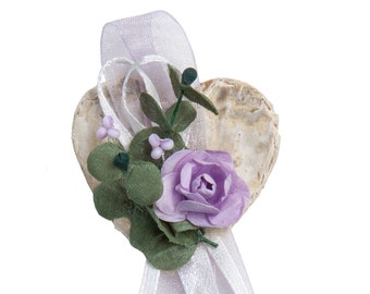 Gästeanstecker Birkenherz lila Rose und Eukalyptus,handgefertigt mit Anstecknadel, 10 Stück