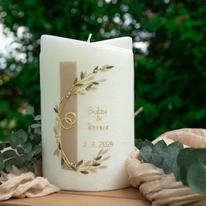 Hand-sculpted wedding candle double wing taupe/green 190/120/70