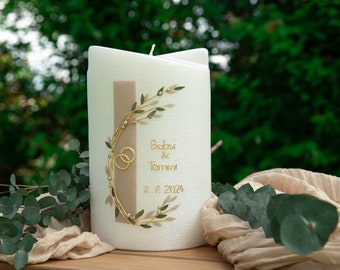 Hand-sculpted wedding candle double wing taupe/green 190/120/70