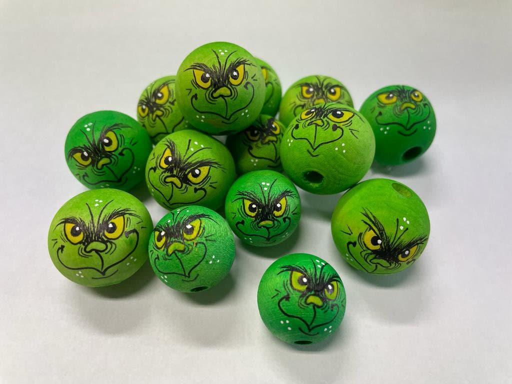 Grinch Köpfchen handbemalt Holzkugeln mit Gesicht Lochbohrung 10 Stk/Pkg