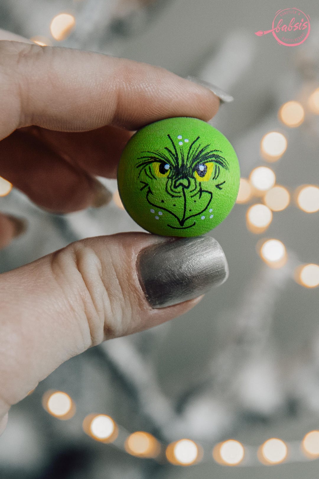 Grinch Köpfchen handbemalt Holzkugeln mit Gesicht Lochbohrung 10 Stk/Pkg