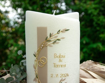 Hand-sculpted wedding candle double wing taupe/green 190/120/70