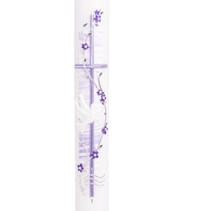 Baptismal candle lilac-white with flower tendrils and dove, 40 x 3 cm including box and personalization
