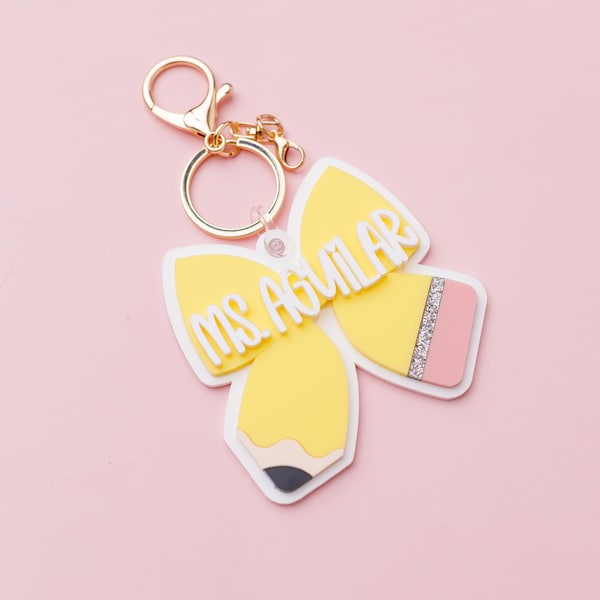 Personalized pencil bow keychain Gift for Teachers Custom keychain