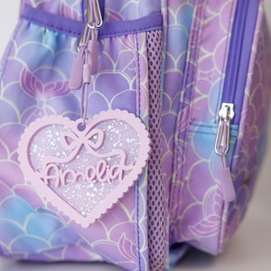 Personalized Scallop Heart Acrylic Keychain: Bow Name Tag Backpack Charm