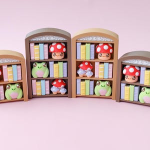 May include: Four miniature wooden bookshelves with arched tops. Each shelf is filled with colorful books, a mushroom figure with red and white spots, and a green frog figure. The shelves are arranged on a pink surface.