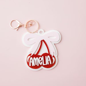 Coquette Cherry Bow Acrylic Backpack Tag: Personalized Keychain