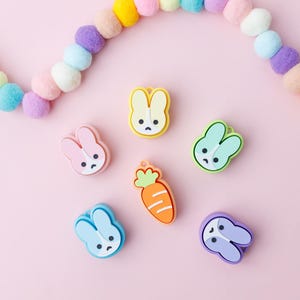 May include: A collection of colorful bunny and carrot charms in various pastel colors, including pink, yellow, blue, green, and purple. A decorative pom-pom garland arches above the charms on a pink background.
