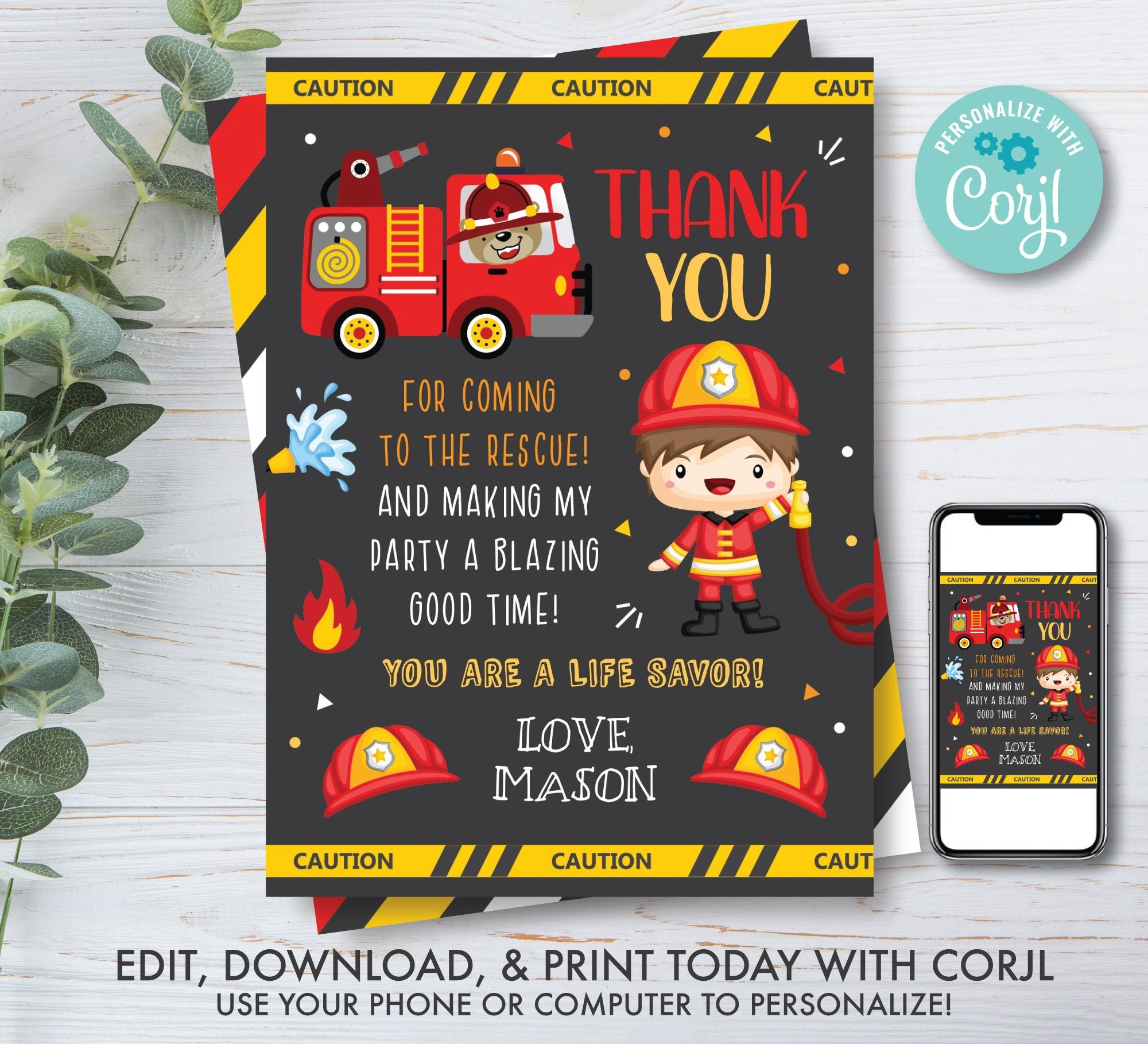 Fireman Thank You Card Firetruck Thank You Card Firefighter Etsy
