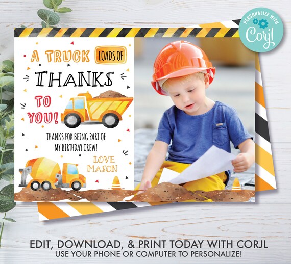 Construction Thank You Card With Photo Construction Party Etsy
