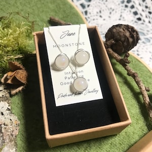 June Birthstone jewellery set, Silver and Moonstone necklace and stud earrings