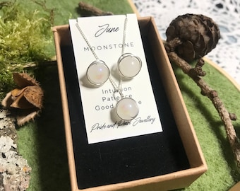 June Birthstone jewellery set, Silver and Moonstone necklace and stud earrings