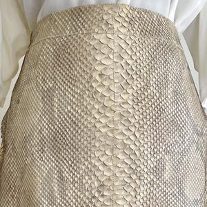 Può includere: Gonna a tubino beige con motivo a pelle di serpente. La gonna è realizzata in un materiale strutturato e ha una silhouette aderente. La gonna è lunga fino al ginocchio e ha una lucentezza sottile.