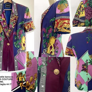 May include: Vintage Versace Jeans Couture blazer with a baroque style design. The short-sleeved jacket features a vibrant mix of colors, including purple, blue, yellow, and green, with floral and geometric patterns. The blazer has a gold button closure.