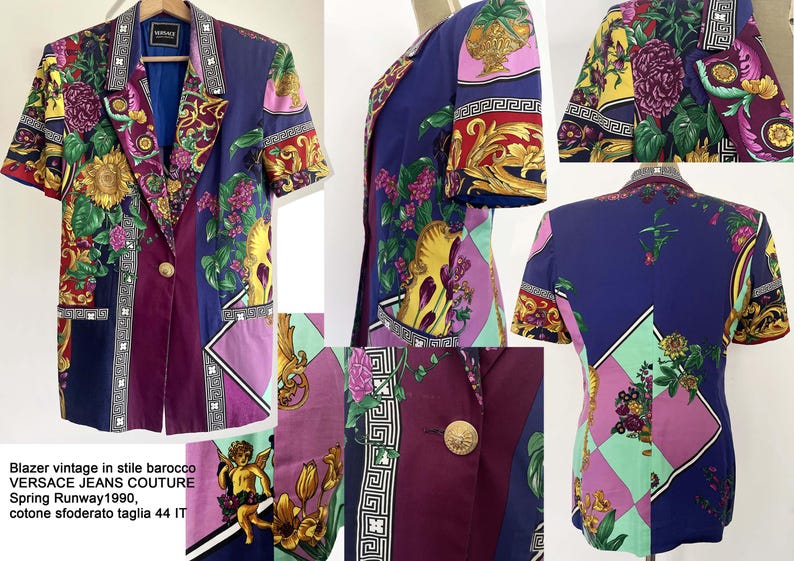May include: Vintage Versace Jeans Couture blazer with a baroque style design. The short-sleeved jacket features a vibrant mix of colors, including purple, blue, yellow, and green, with floral and geometric patterns. The blazer has a gold button closure.