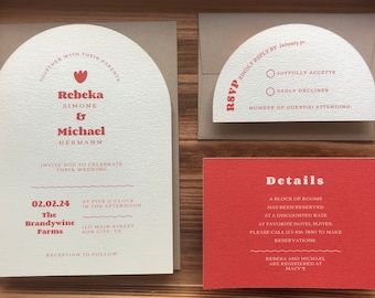 Printed Arched Wedding Invitation Suite Retro Modern Minimalist Red and Cream - Vidika