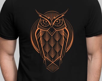 Camiseta unisex con diseño de búho decorativo y geométrico vintage