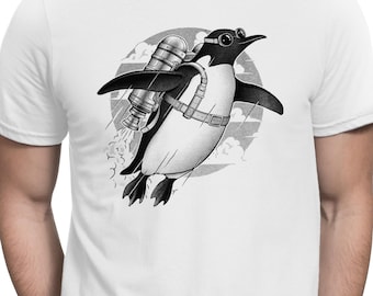 Ironic Flying Penguin Jetpack T Shirt Cute Animal Humor Tee Penguin Lovers Aviation T-shirt