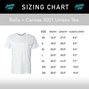 May include: A white Bella + Canvas 3001 Unisex Tee with a sizing chart. The chart lists sizes XS to 3XL, with measurements for width, length, and sleeve length in inches. The Gamma Ray logo is in the top corners.