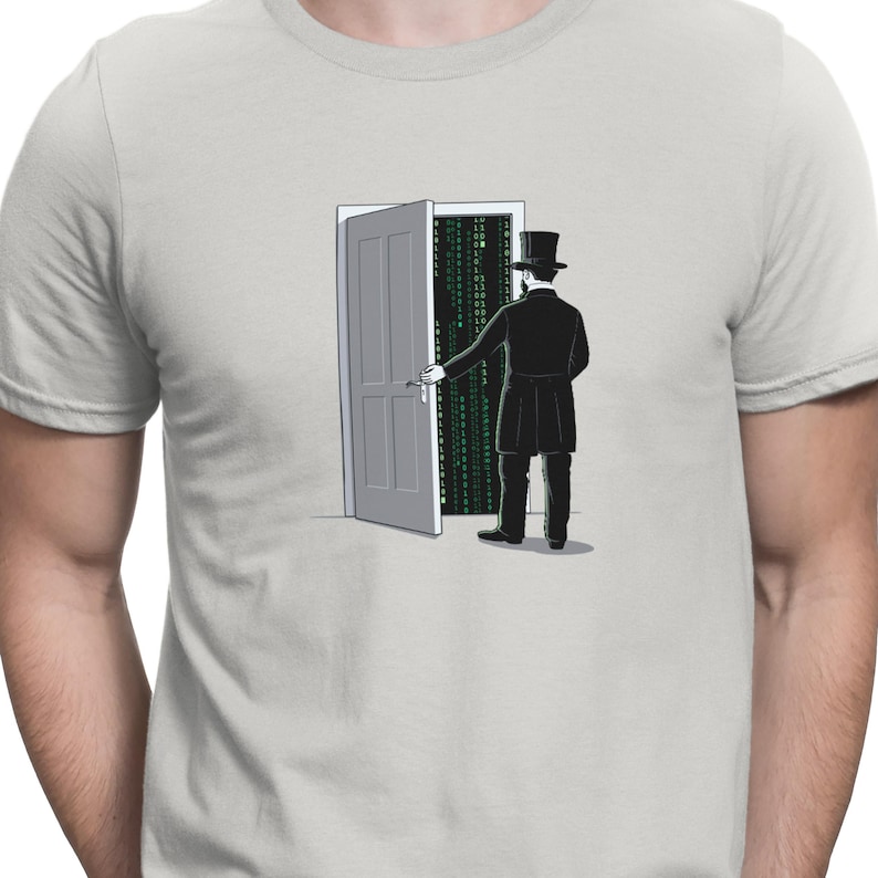 K&ouml;nnte beinhalten: Ein Mann in einem Zylinderhut und Anzug steht vor einer T&uuml;r, die sich &ouml;ffnet und eine Wand aus gr&uuml;nem Code enth&uuml;llt. Der Code ist eine Darstellung der Matrix.