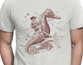 Cowboy Seahorse T-Shirt Funny Western Surrealism Tee Retro Cowboy Ocean Art Shirt for Men