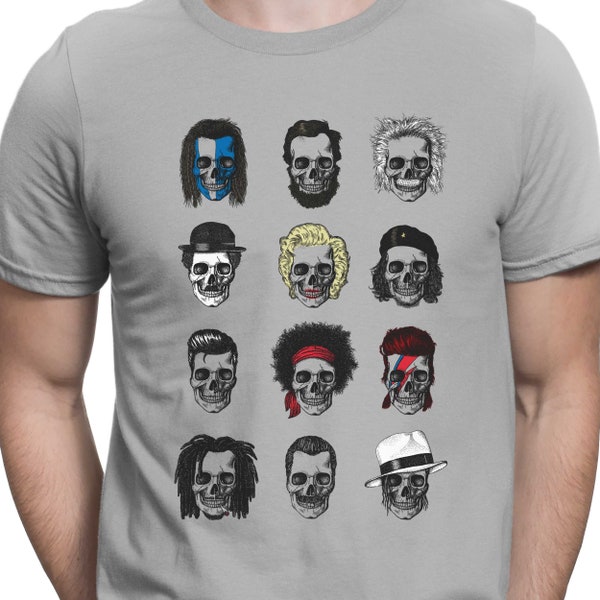 Forever Famous Tee, iconic skull faces T-shirt, famous classic Hollywood films, celebrities, actors, singers & musicians, hall of fame