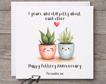 Divertida tarjeta de aniversario de cerámica • Ilustración en acuarela de una planta en maceta de 9 años