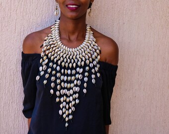 Silver Tribal Shell Necklace Silver Boho Bib Necklace