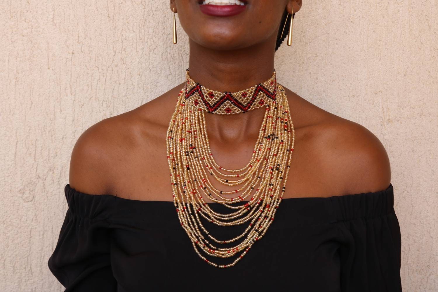 African choker necklace Beaded fringe necklace Gold Etsy