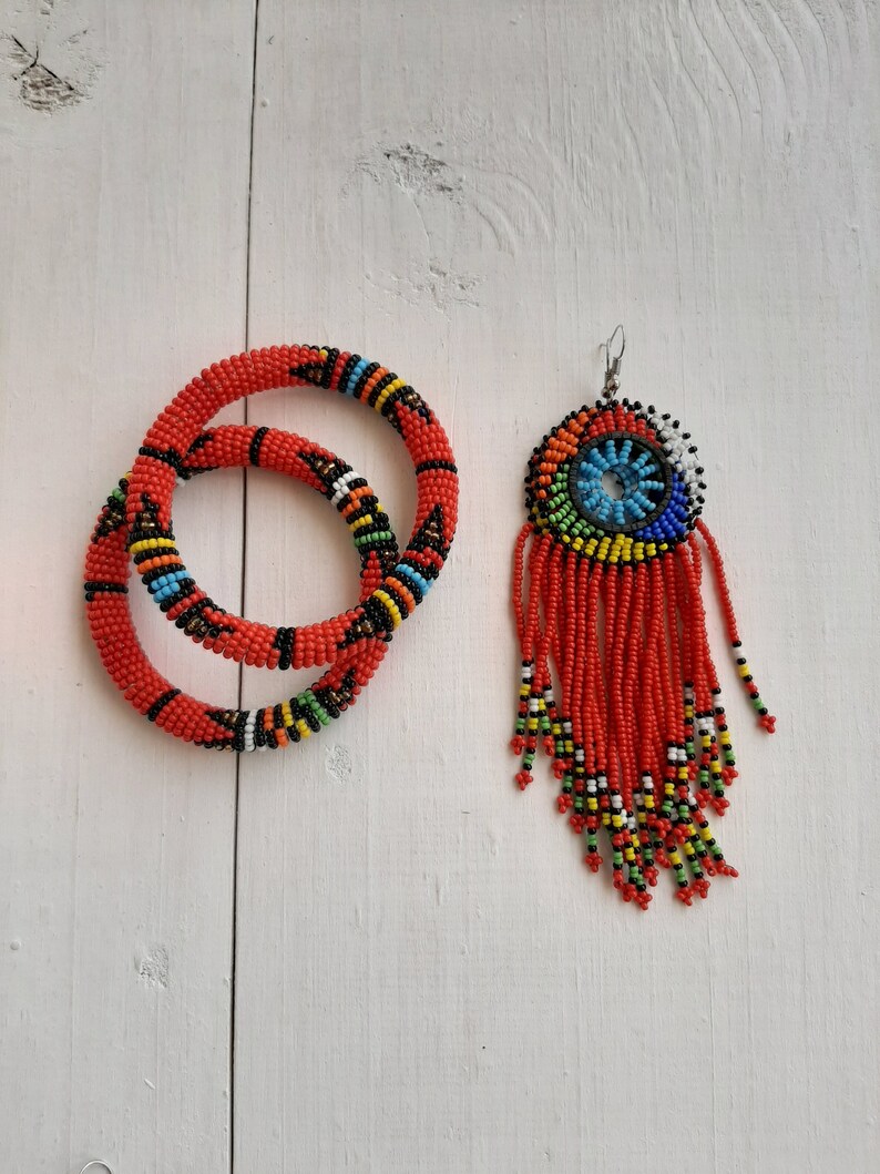 Beaded jewelry set Fringe earrings Beaded bracelets SALE African beaded jewelry Moms gift Christmas gift for her Women jewelry